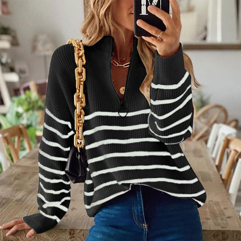 Women's Jumper with Horizontal Stripes and Zip Neckline