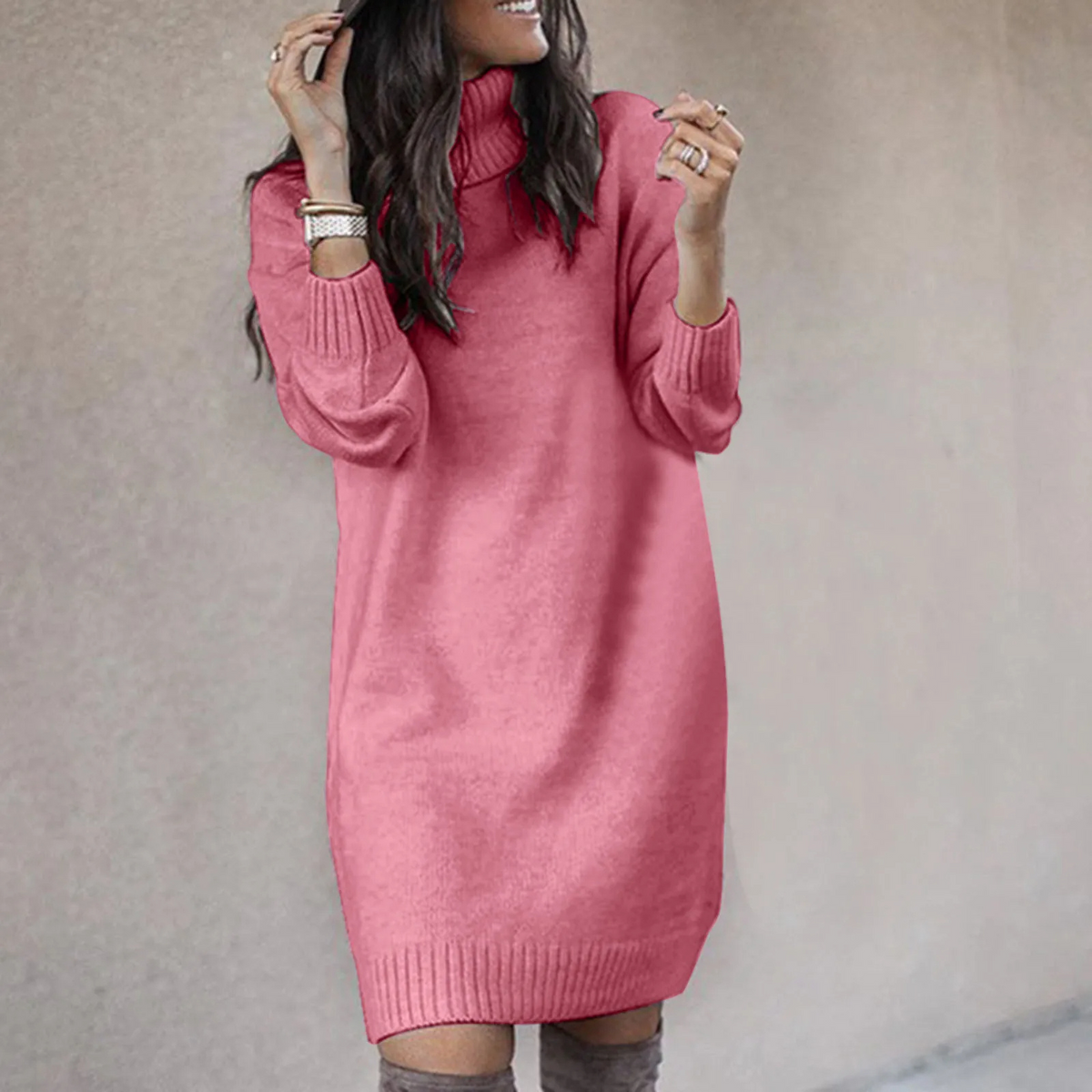 Women's Knit Turtleneck Dress with Long Sleeves