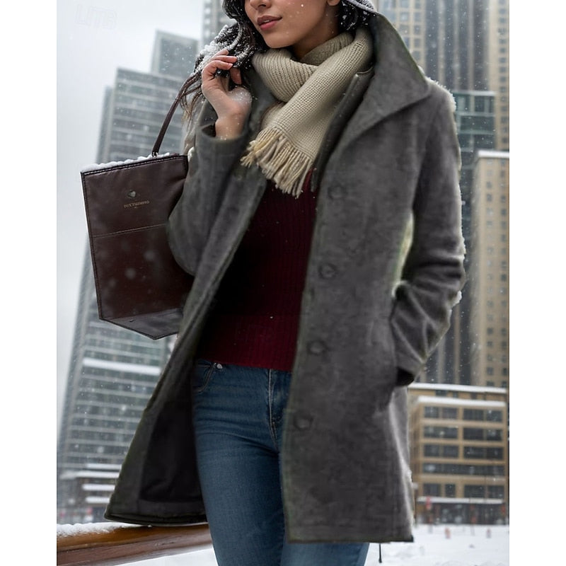Women's Longline Coat with Button Front and Turndown Collar