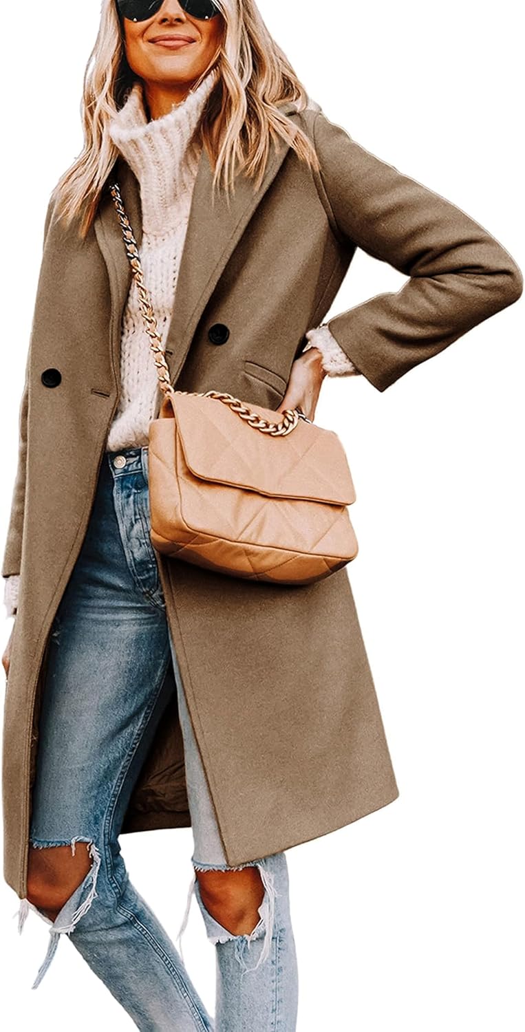 Women's Longline Coat with Notch Lapel and Side Pockets