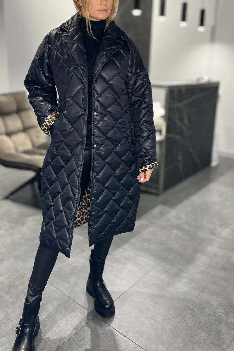 Women's Longline Quilted Coat with Leopard Print Lining