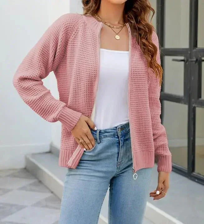 Women's Longline Zip-Up Cardigan with Round Neck
