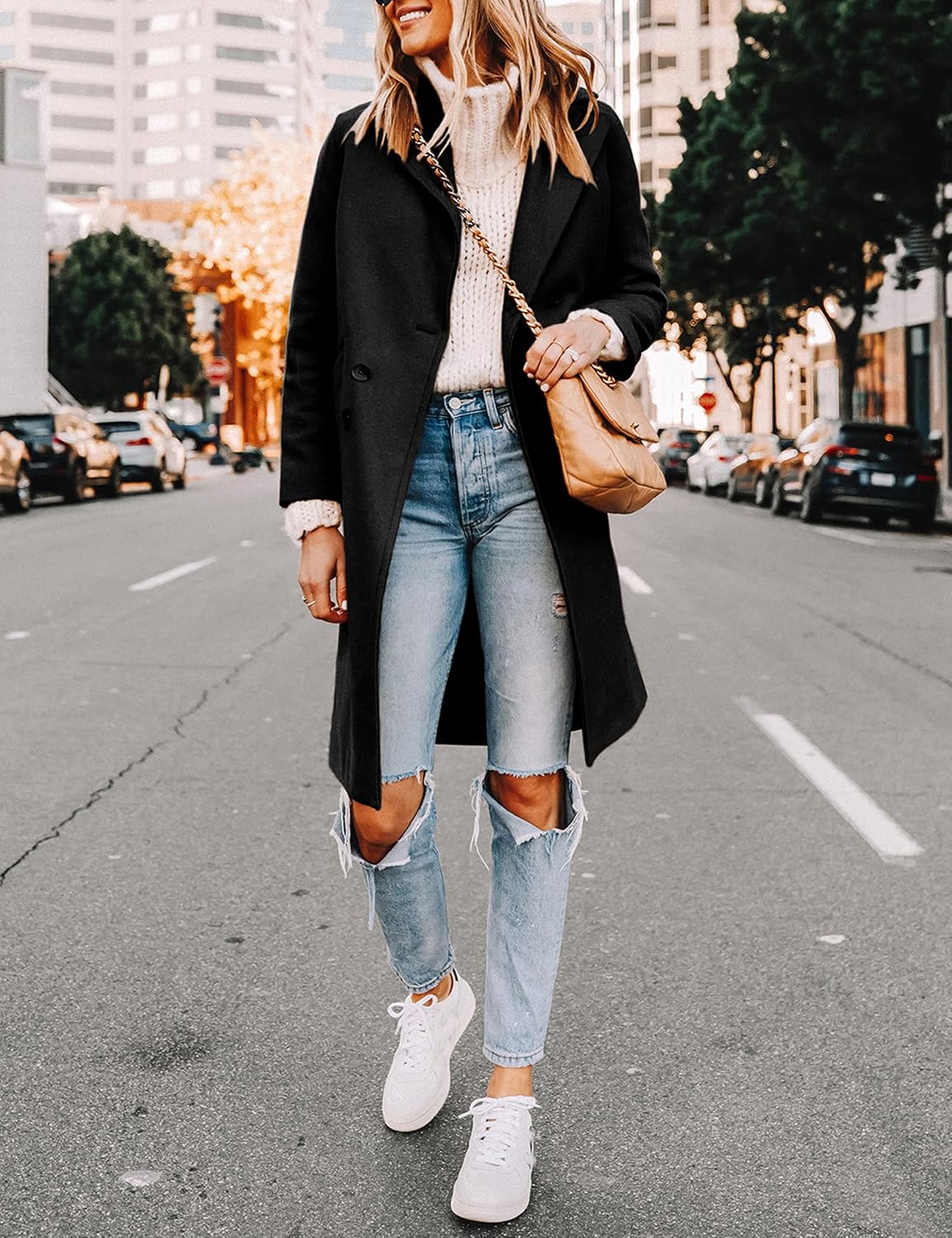 Women's Notch Lapel Longline Coat with Side Pockets
