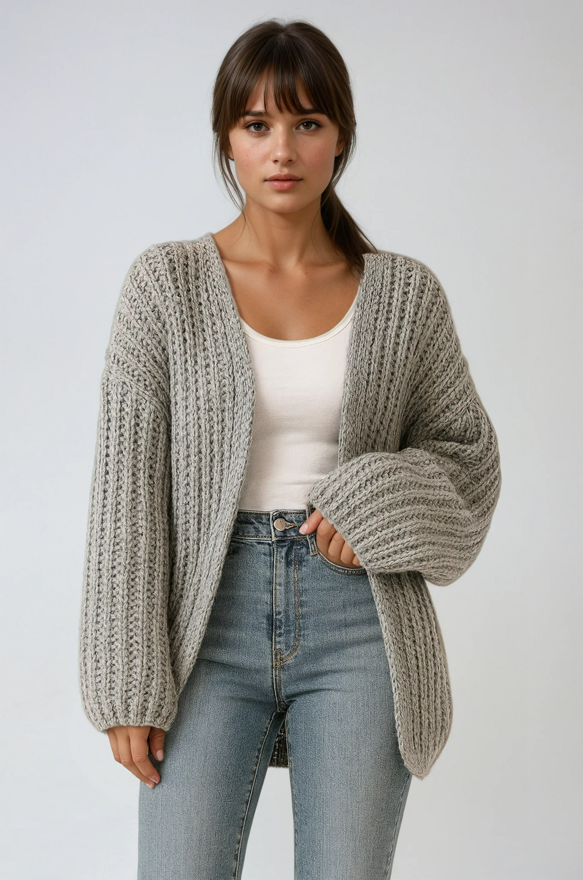 Women's Oversized Balloon Sleeve Chunky Knit Cardigan