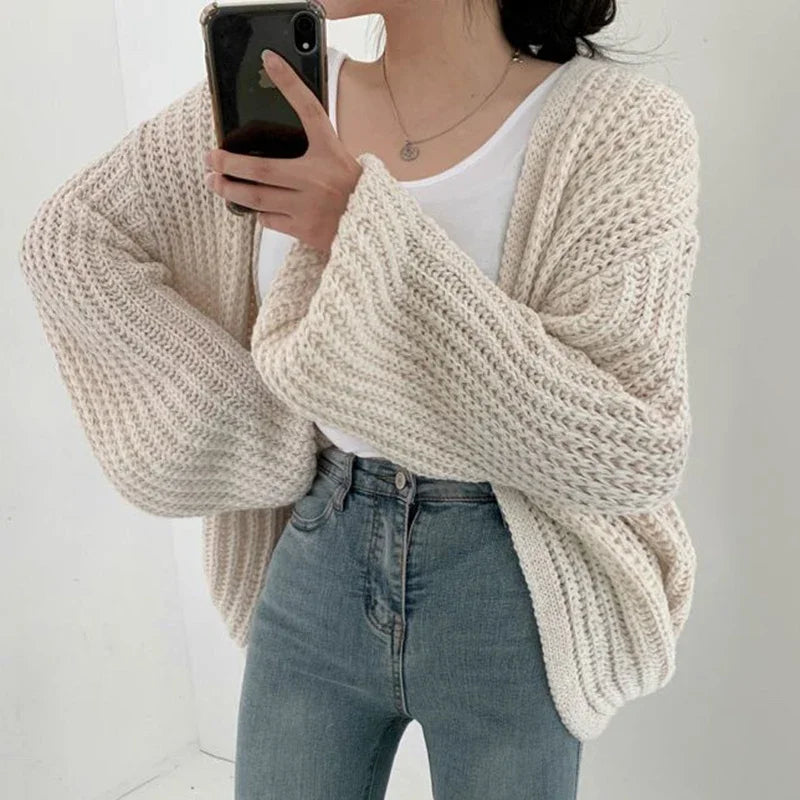 Women's Oversized Balloon Sleeve Chunky Knit Cardigan