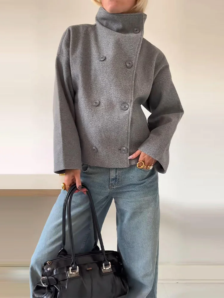 Women's Oversized Double-Breasted Jacket with Stand Collar