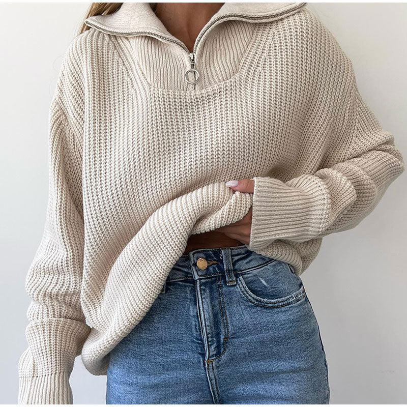 Women's Oversized Half-Zip Cropped Jumper with Stand Collar