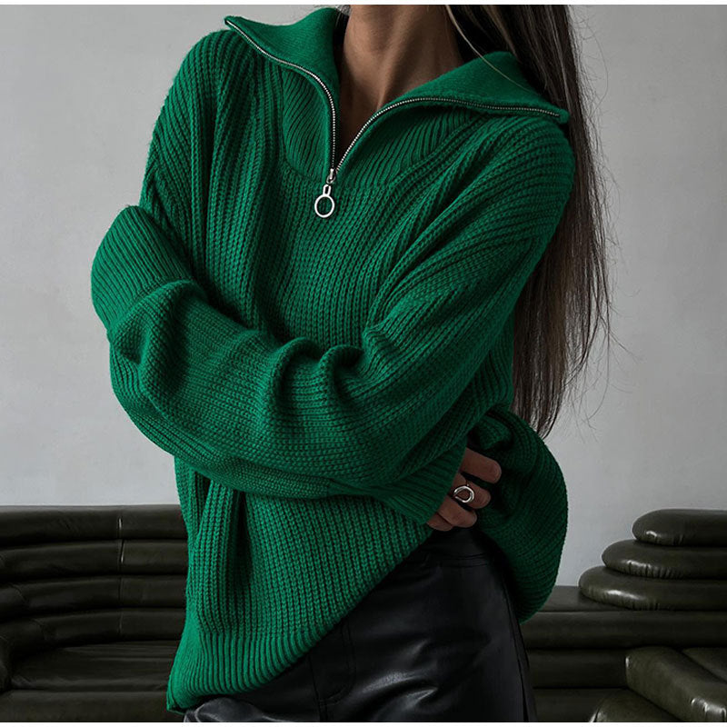 Women's Oversized Half-Zip Cropped Jumper with Stand Collar