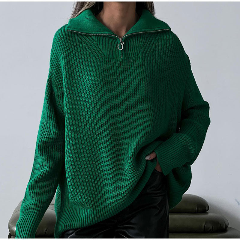 Women's Oversized Half-Zip Cropped Jumper with Stand Collar