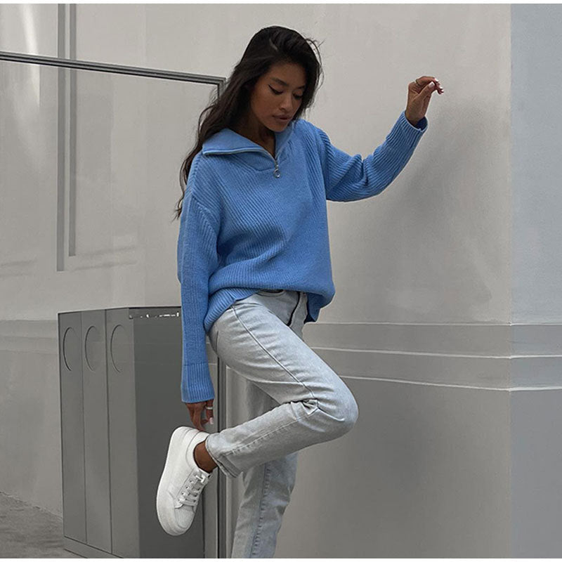 Women's Oversized Half-Zip Jumper with Stand Collar