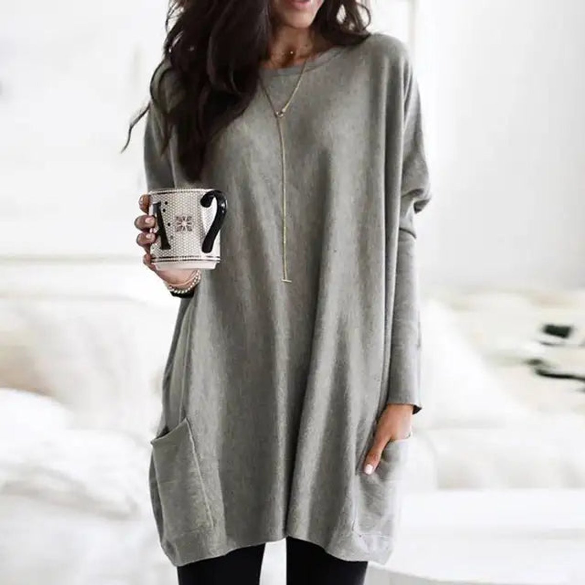 Women's Oversized Long Sleeve Crew Neck Tunic Sweater
