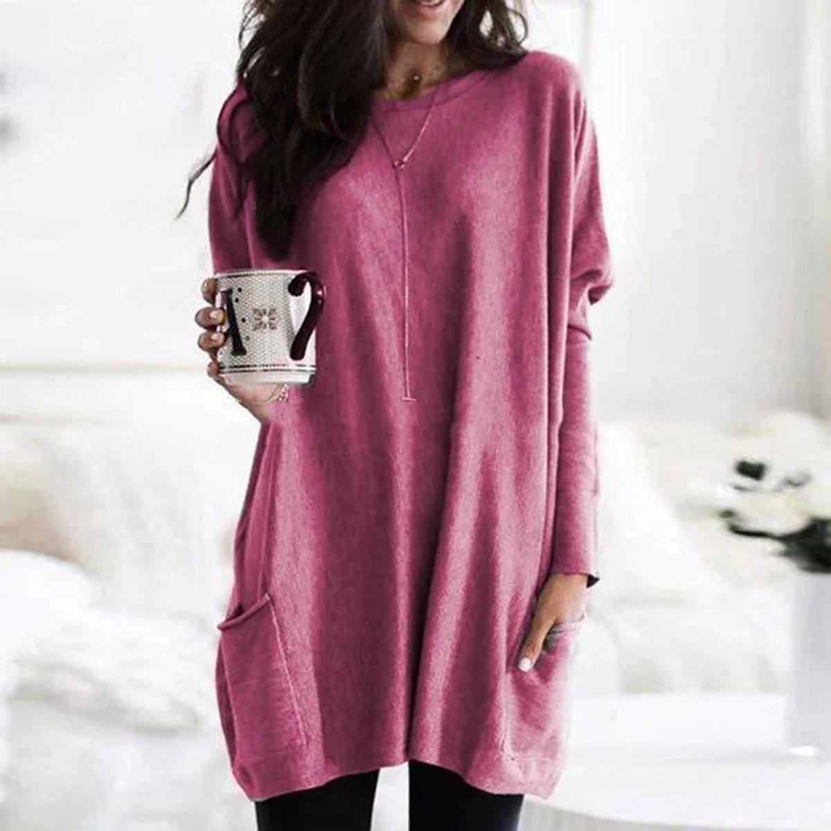 Women's Oversized Long Sleeve Crew Neck Tunic Sweater