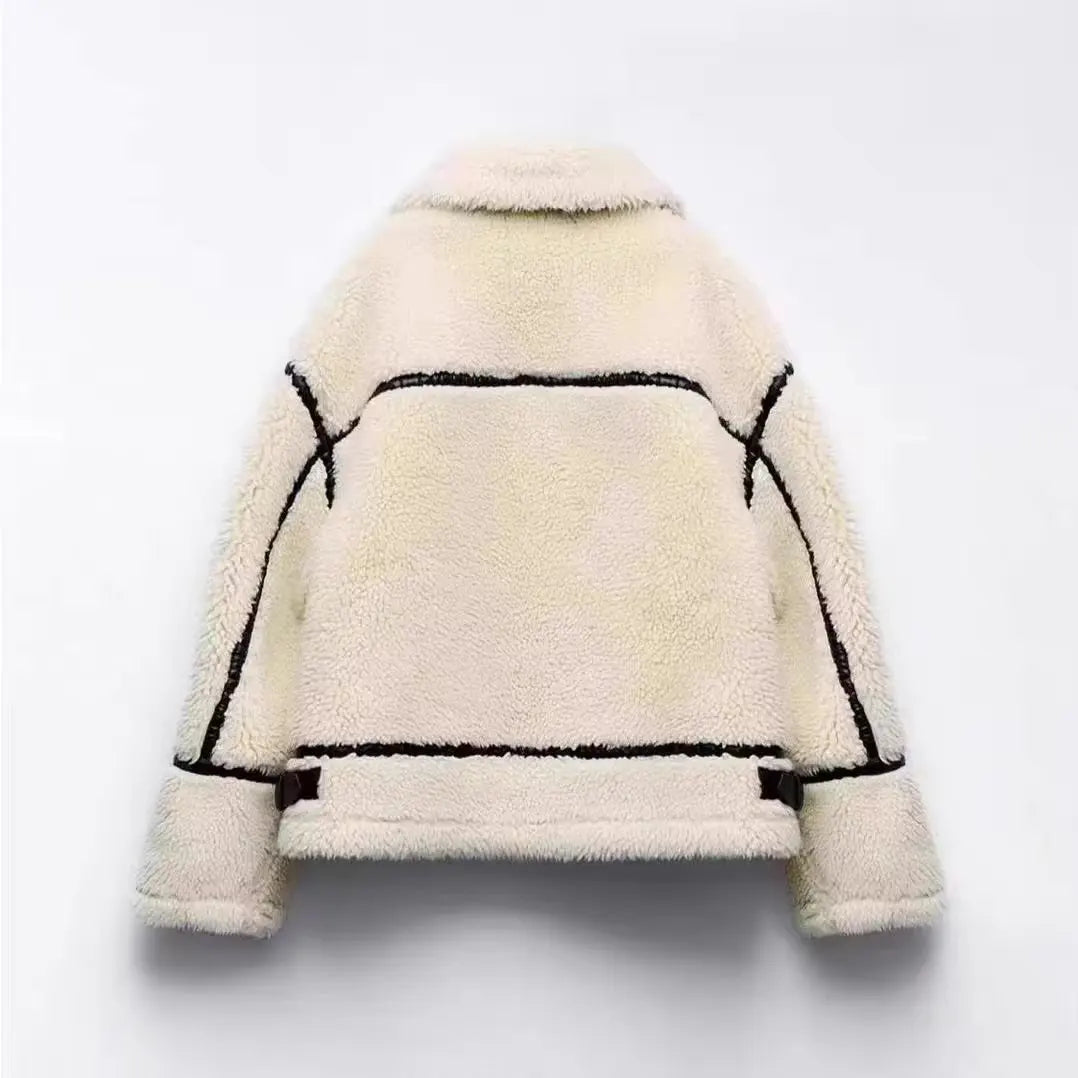 Women's Oversized Teddy Jacket with Contrast Trim