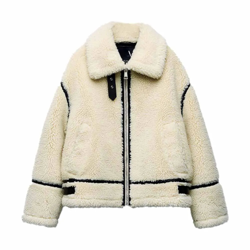Women's Oversized Teddy Jacket with Contrast Trim