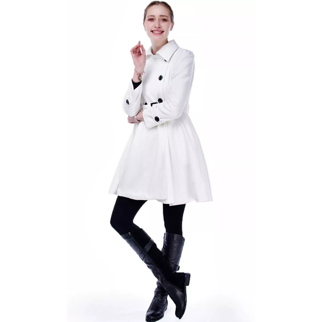 Women's Peacoat Double-Breasted Belted with Flared Skirt