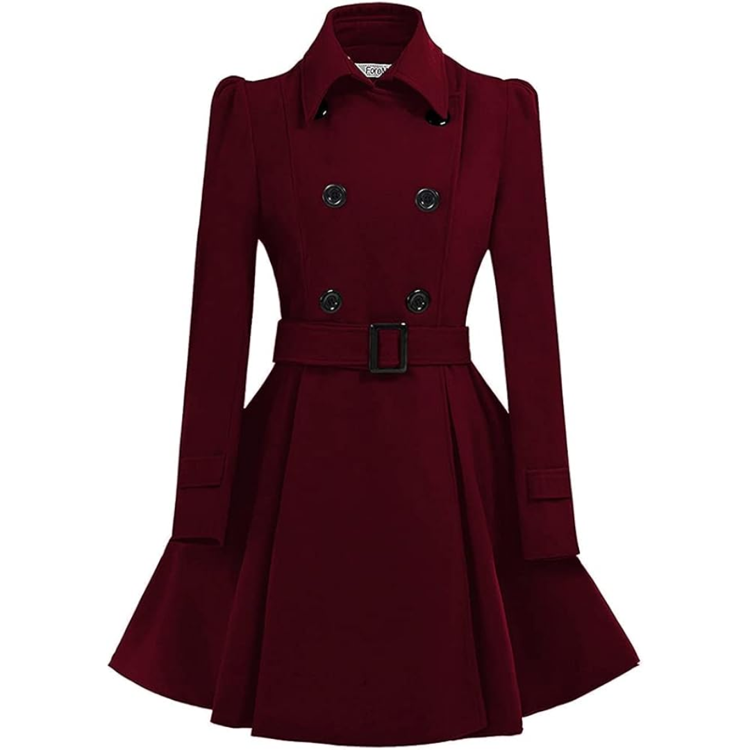 Women's Peacoat Double-Breasted Belted with Flared Skirt
