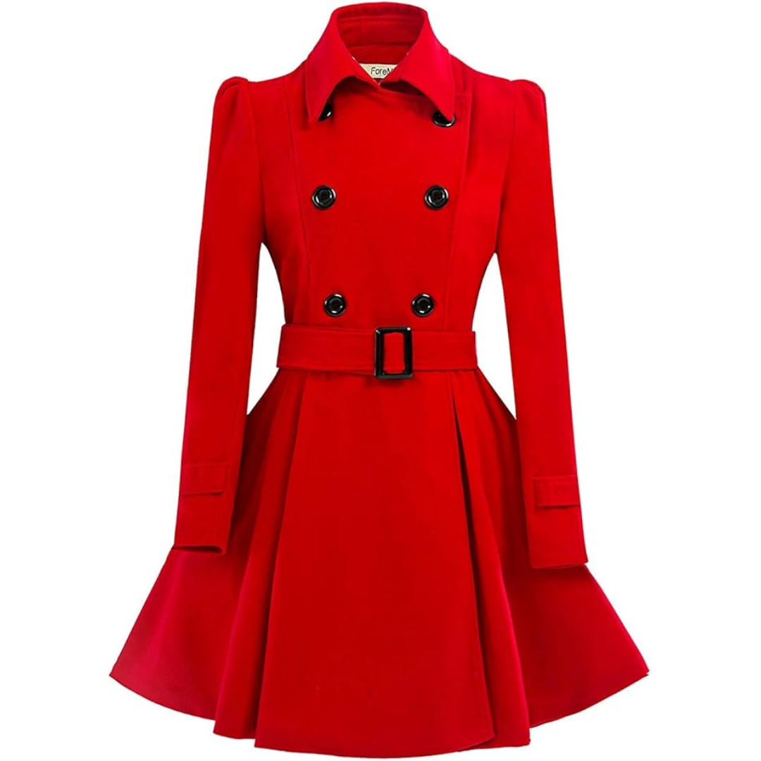 Women's Peacoat Double-Breasted Belted with Flared Skirt