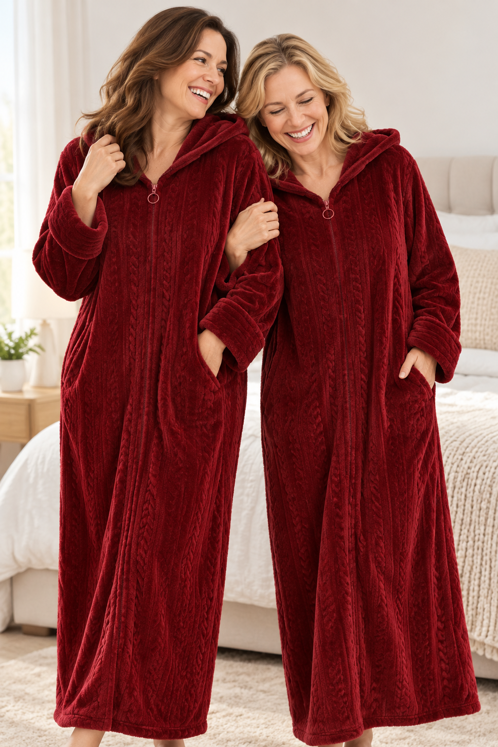 Women's Plush Hooded Zip-Front Fleece Robe with Pockets