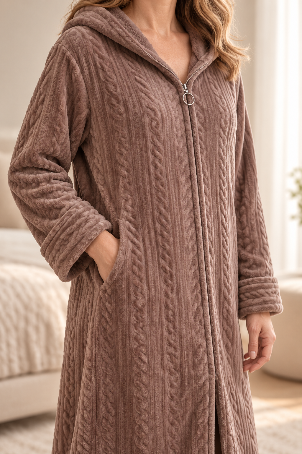 Women's Plush Hooded Zip-Front Fleece Robe with Pockets