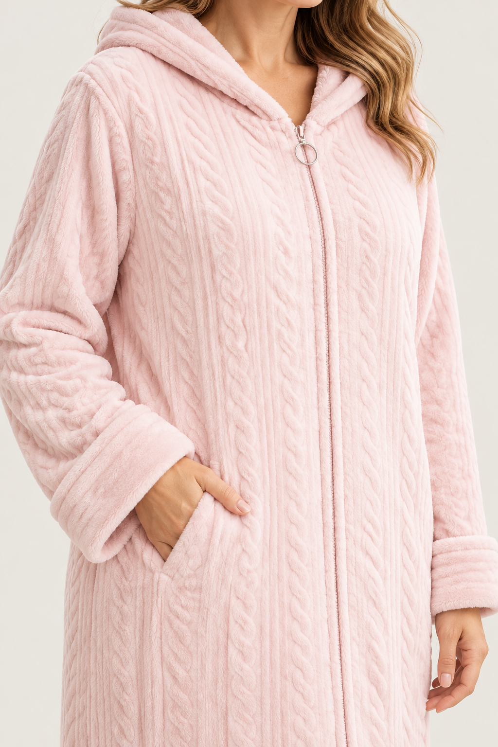 Women's Plush Hooded Zip-Front Fleece Robe with Pockets