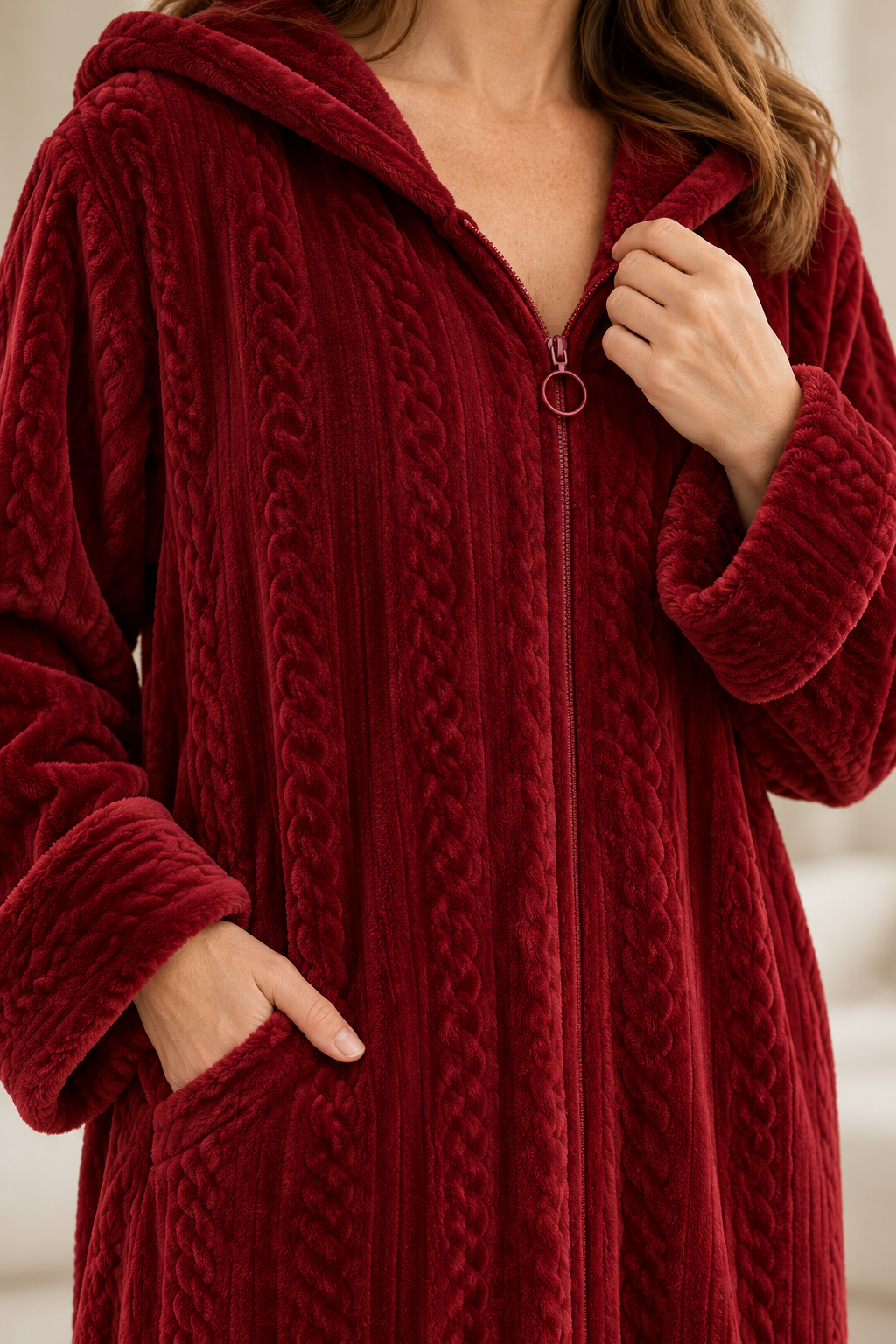 Women's Plush Hooded Zip-Front Fleece Robe with Pockets