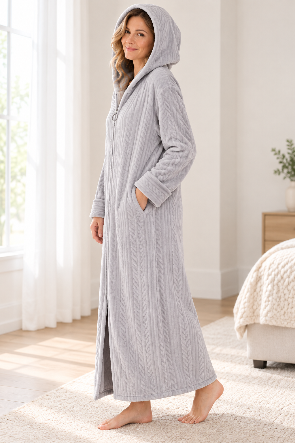 Women's Plush Hooded Zip-Front Fleece Robe with Pockets