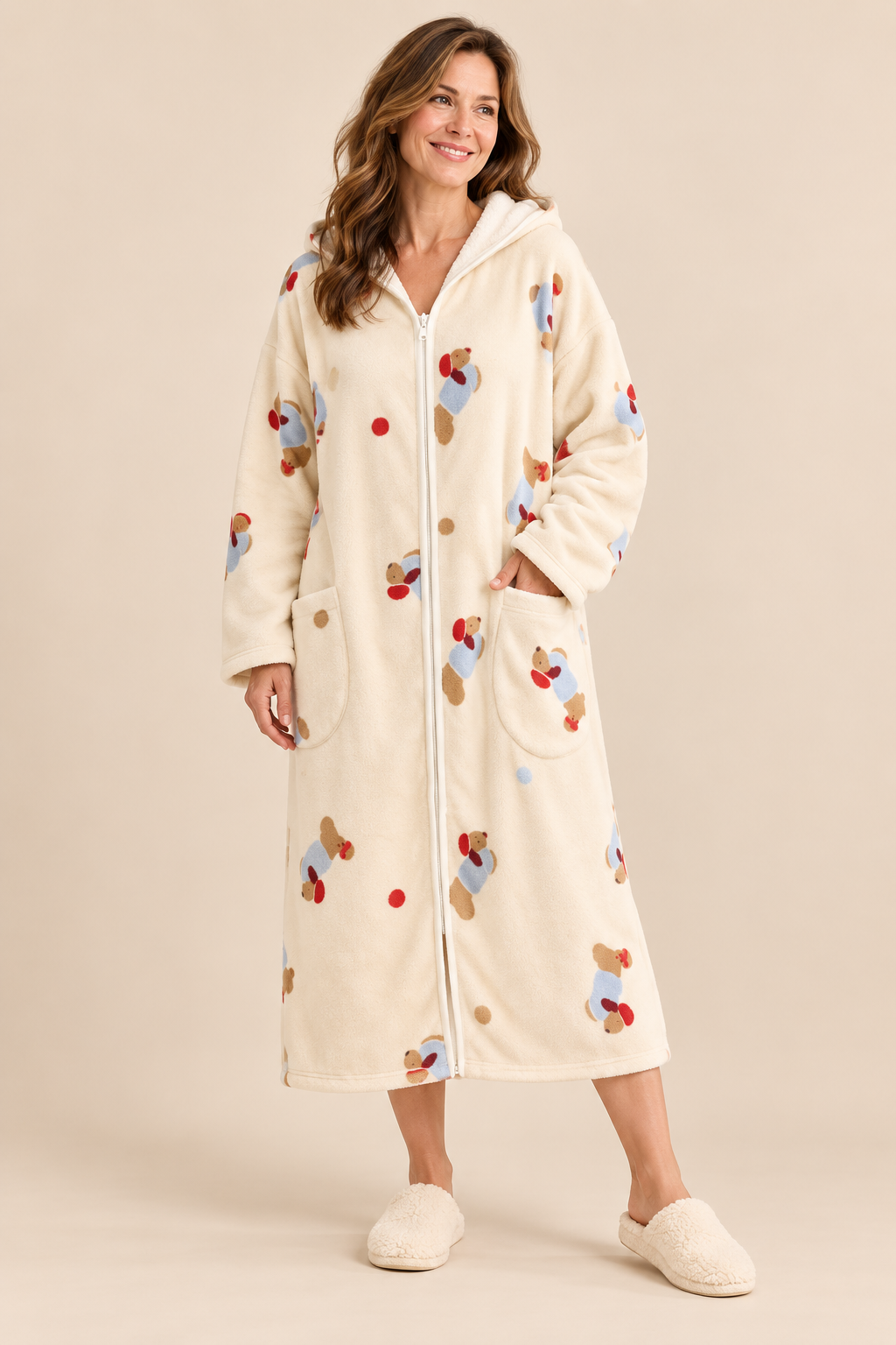 Women's Plush Printed Hooded Zip-Up Fleece Robe