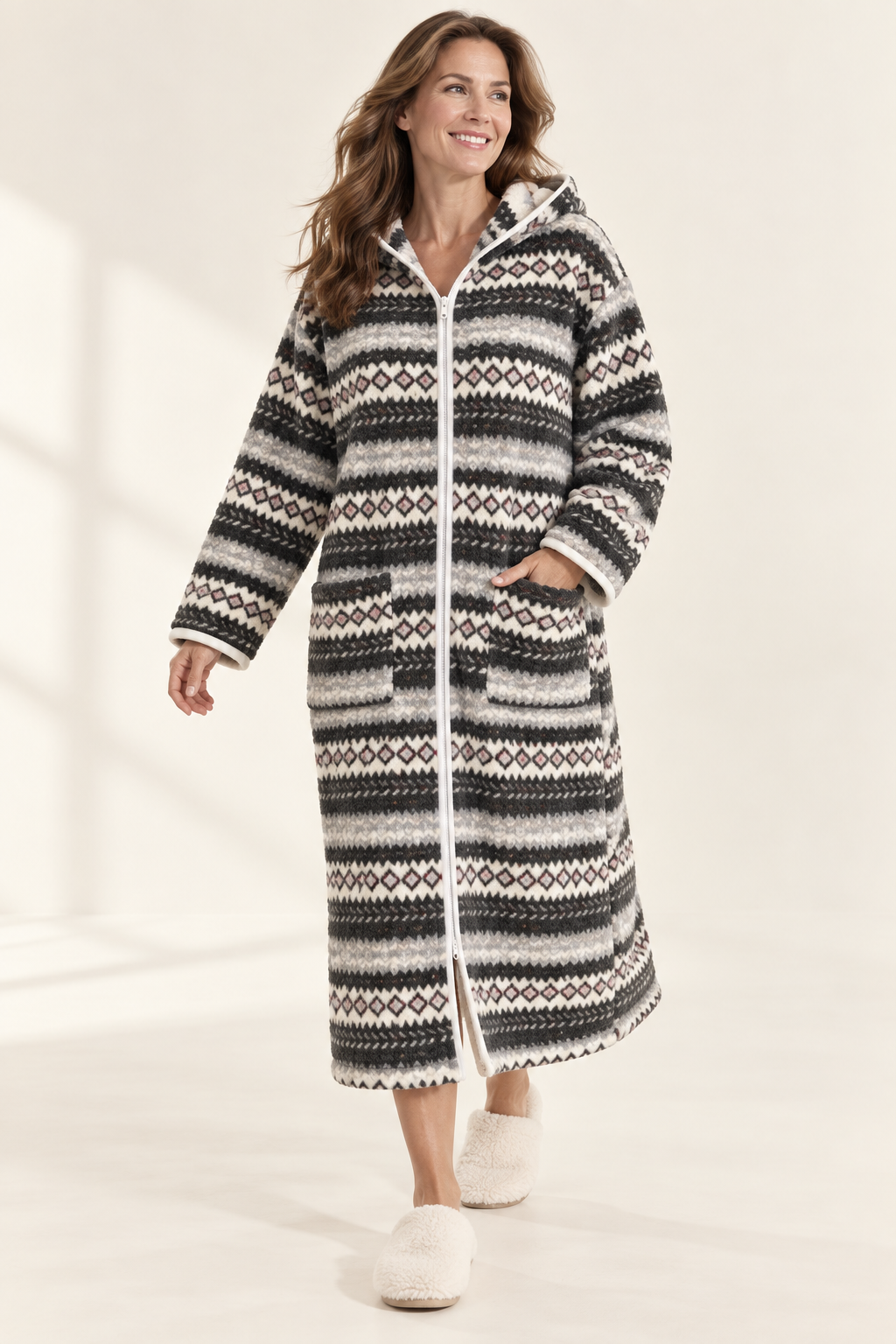 Women's Plush Printed Hooded Zip-Up Fleece Robe