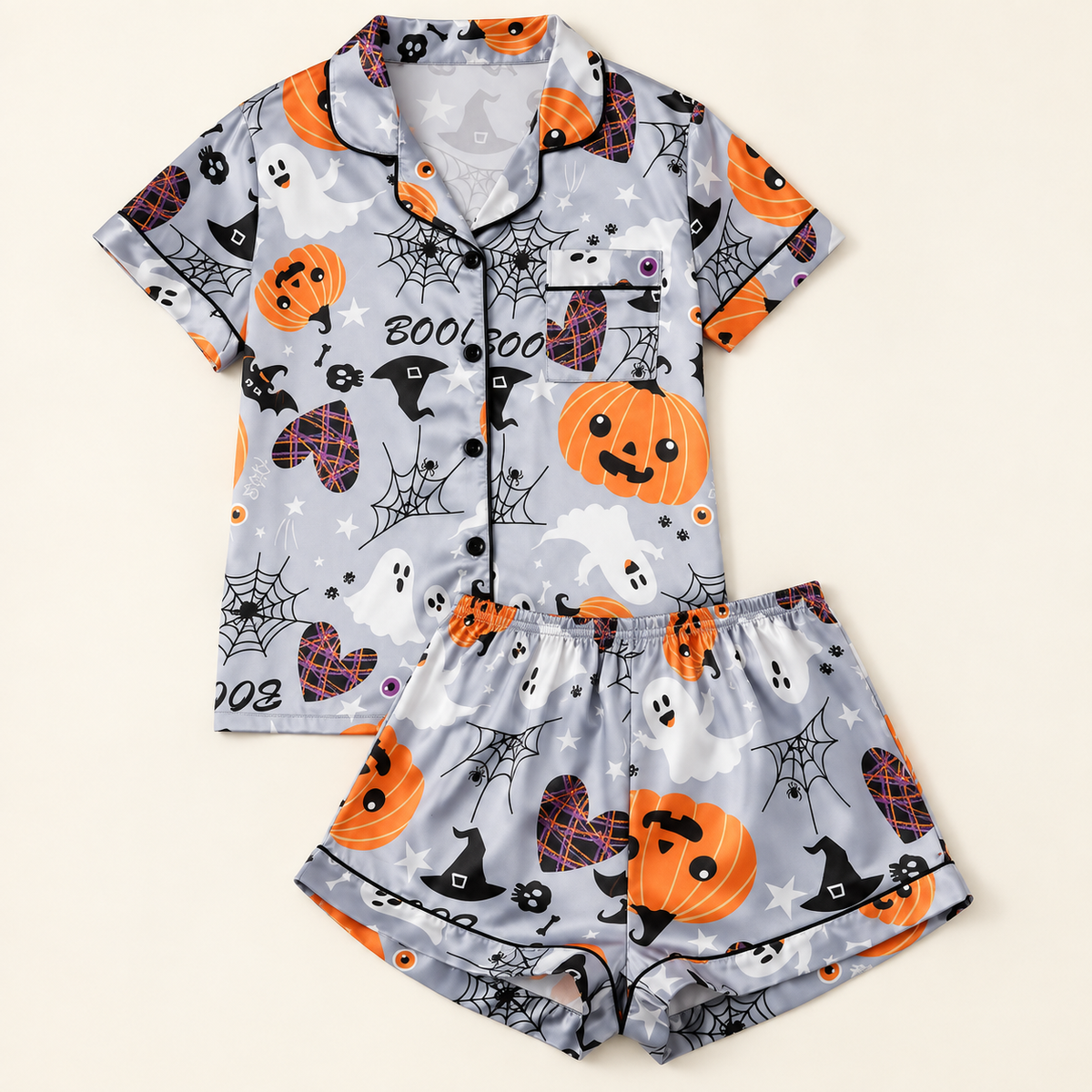 Women's Satin Halloween Pajama Set with Short Sleeve Top and Shorts