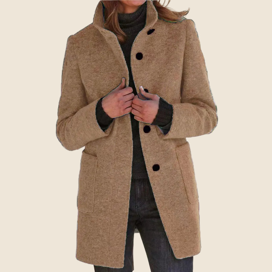 Women's Stand Collar Blazer Coat with Button Front and Patch Pockets