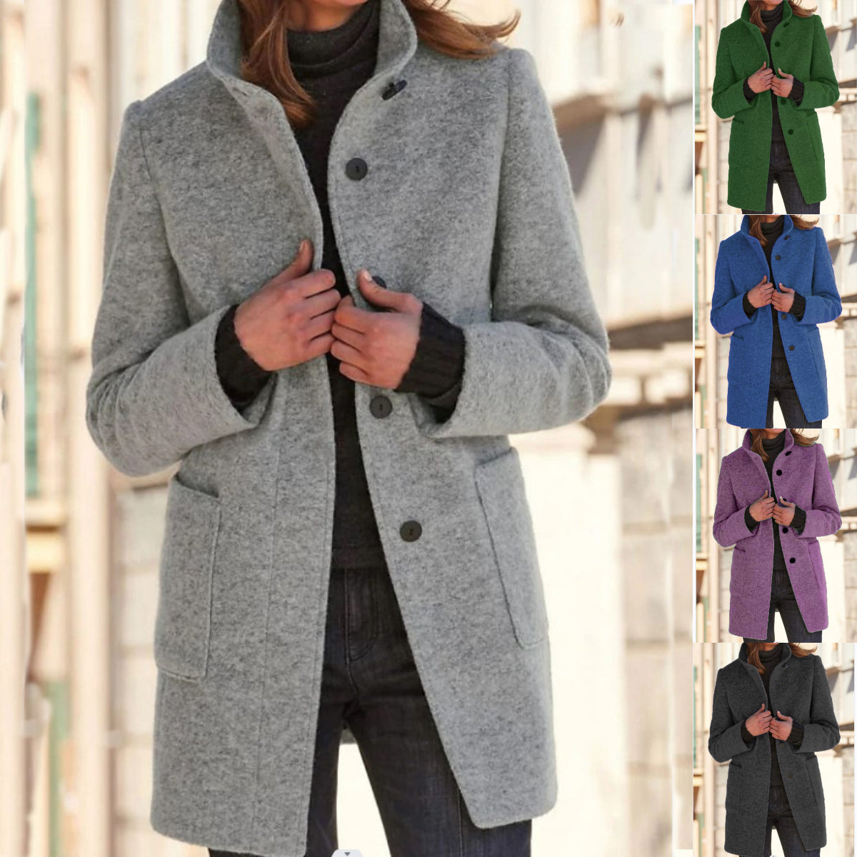 Women's Stand Collar Blazer Coat with Button Front and Pockets