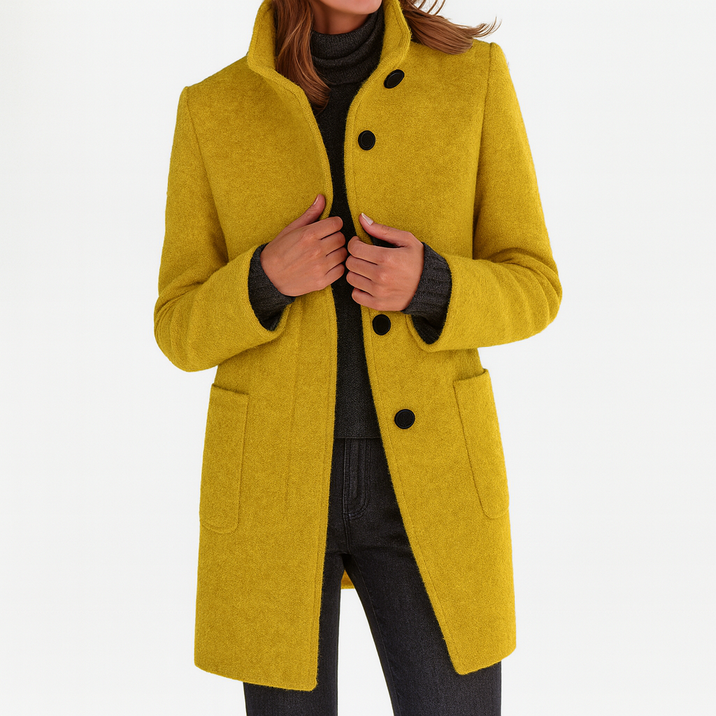Women's Stand Collar Coat with Button Front and Patch Pockets