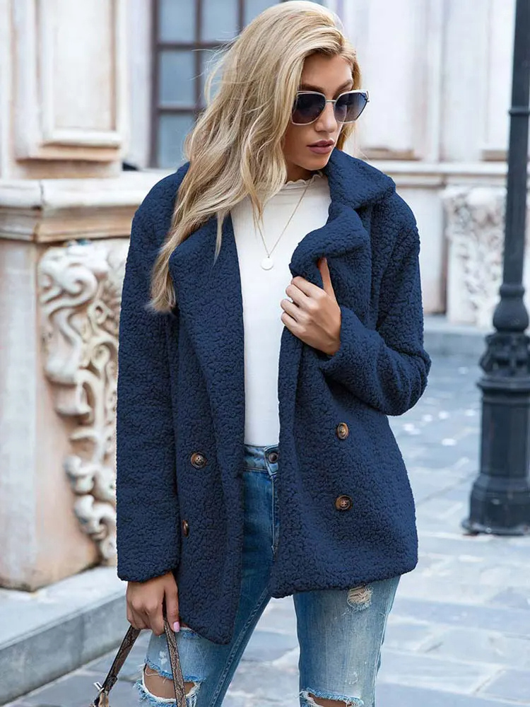 Women's Teddy Coat with Notch Lapel and Button Front