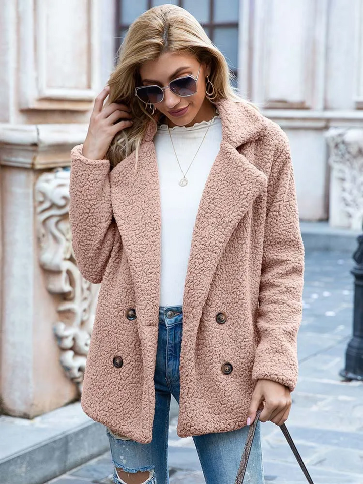 Women's Teddy Coat with Notch Lapel and Button Front