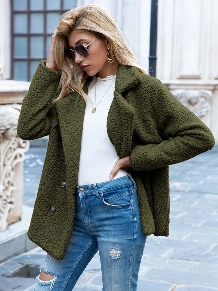 Women's Teddy Coat with Notch Lapel and Double-Breasted Front