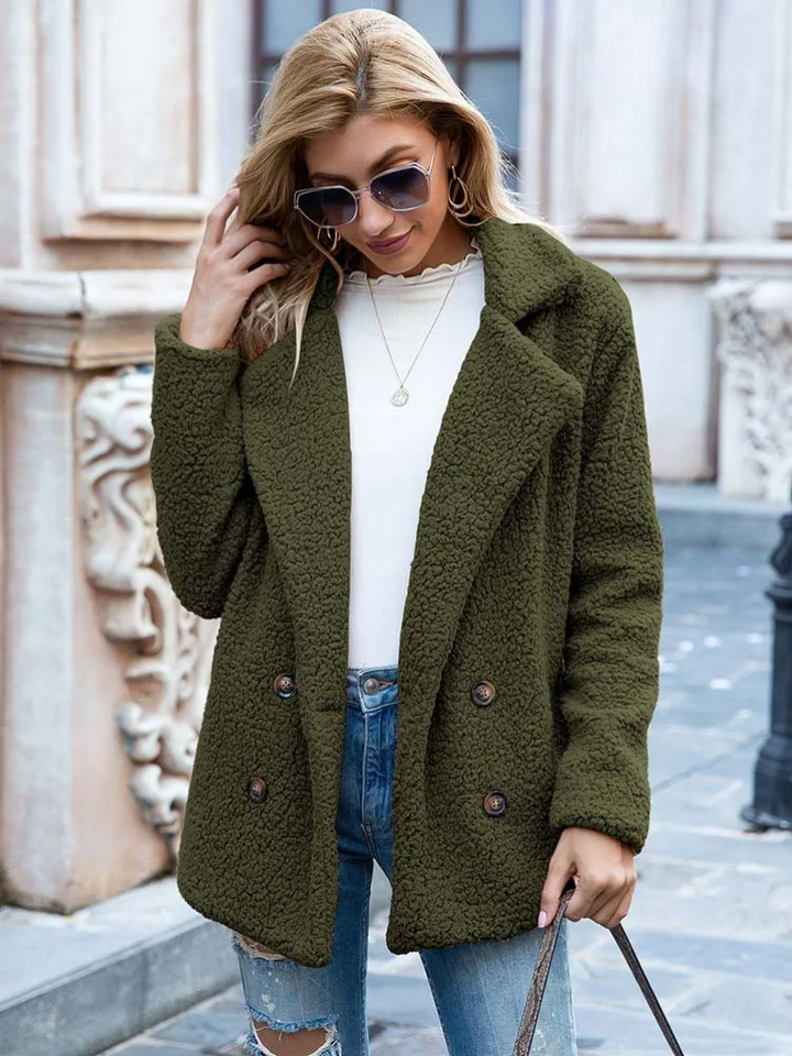 Women's Teddy Coat with Notch Lapel and Double-Breasted Front