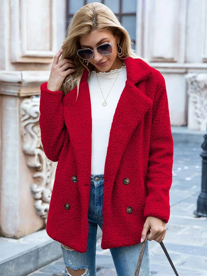 Women's Teddy Coat with Notch Lapel and Double-Breasted Front