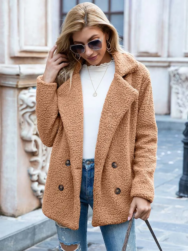 Women's Teddy Coat with Notch Lapel and Double-Breasted Front