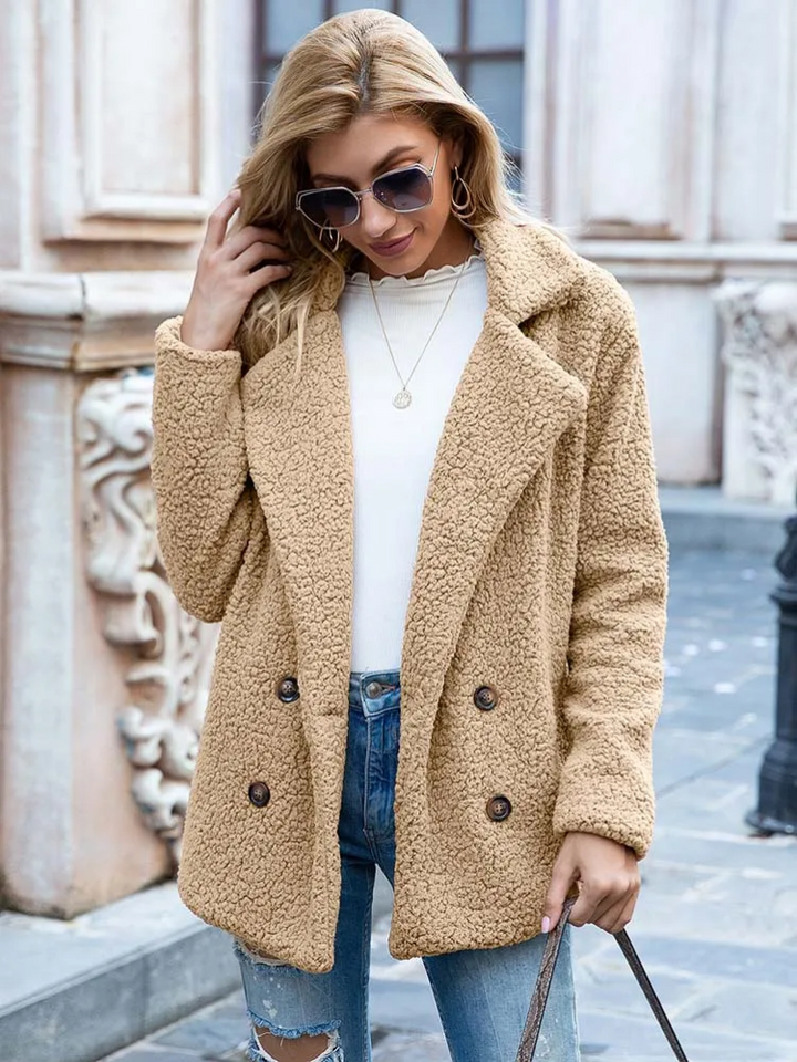 Women's Teddy Coat with Notch Lapel and Double-Breasted Front