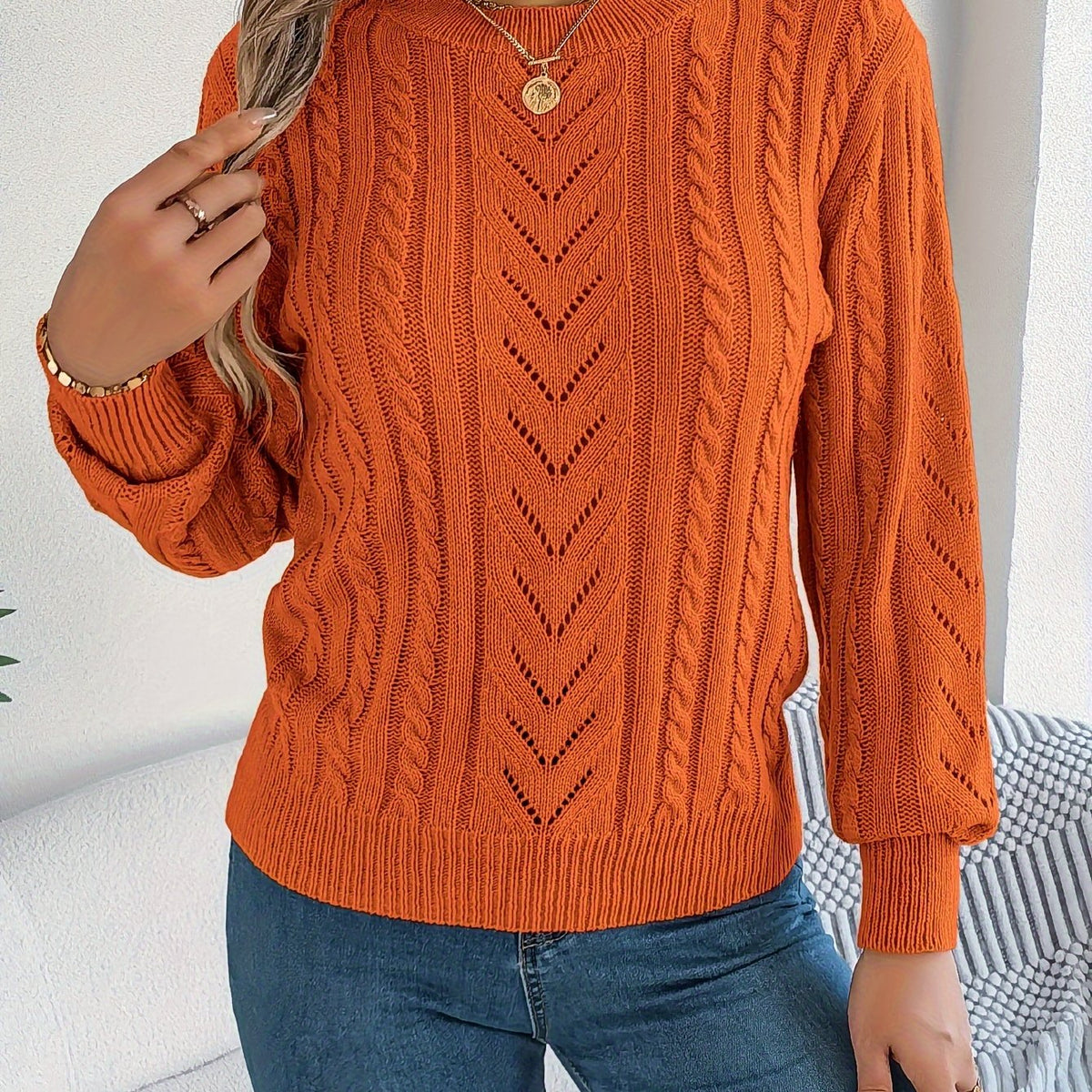 Women's Textured Crew Neck Cable Knit Sweater
