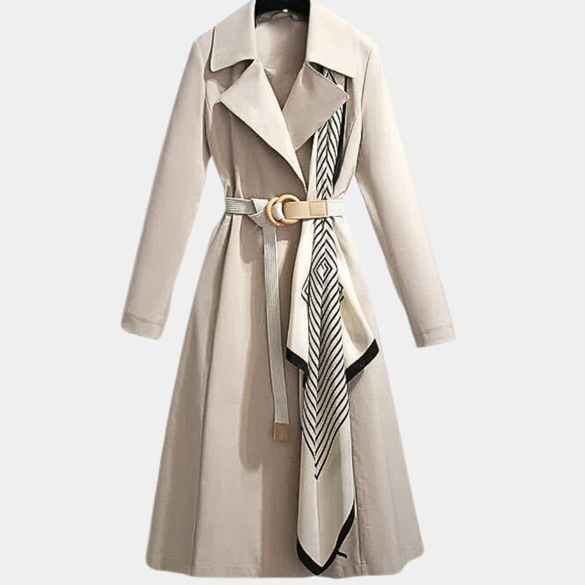 Women's Trench Coat with Belt and Turndown Collar, Midi Length
