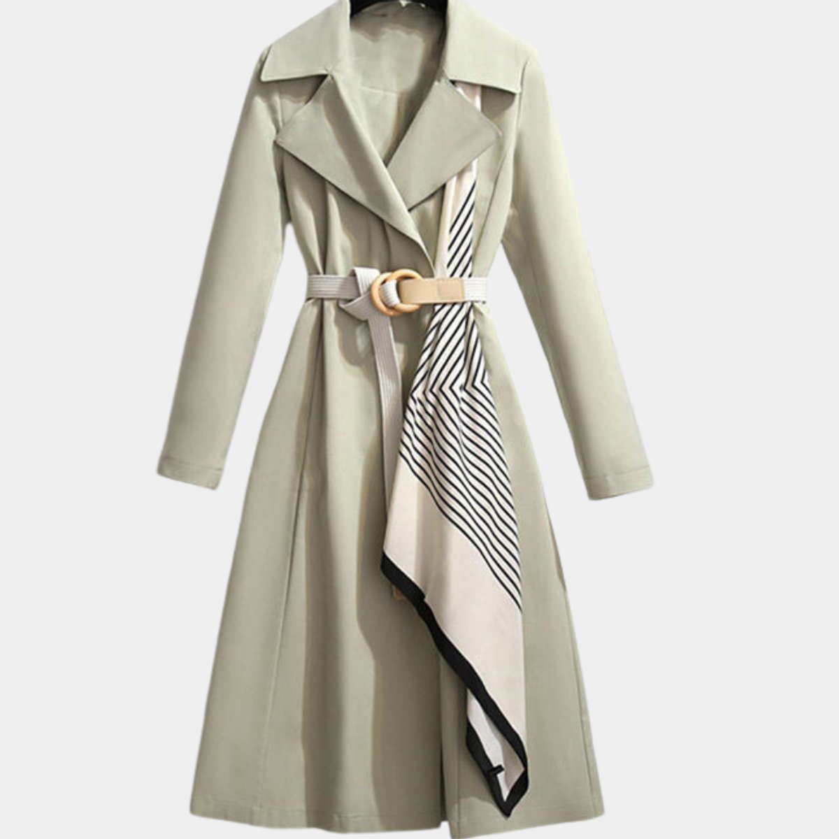 Women's Trench Coat with Belt and Turndown Collar, Midi Length