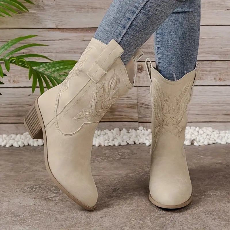 Women's Western Cowgirl Boots with Embroidered Floral Design and Block Heel