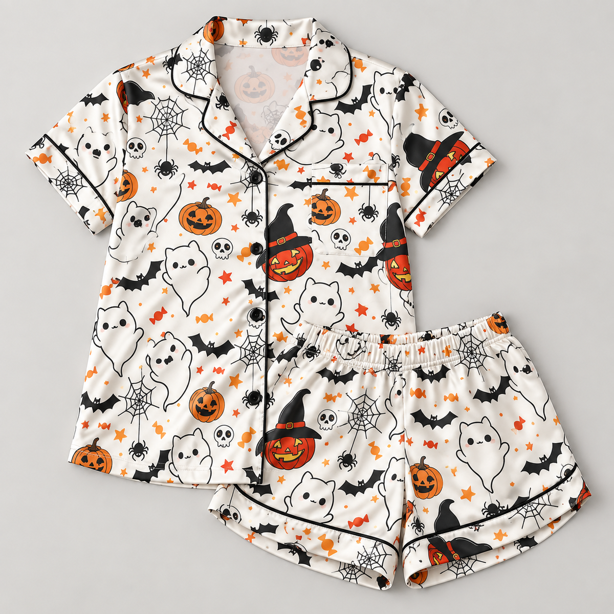 Women's White Ghost Satin Halloween Pajama Set