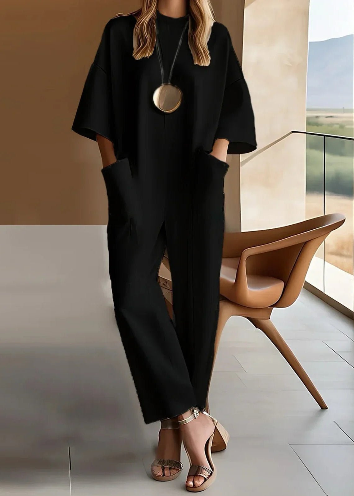 Women's Wide Leg Jumpsuit Short Sleeve Crew Neck