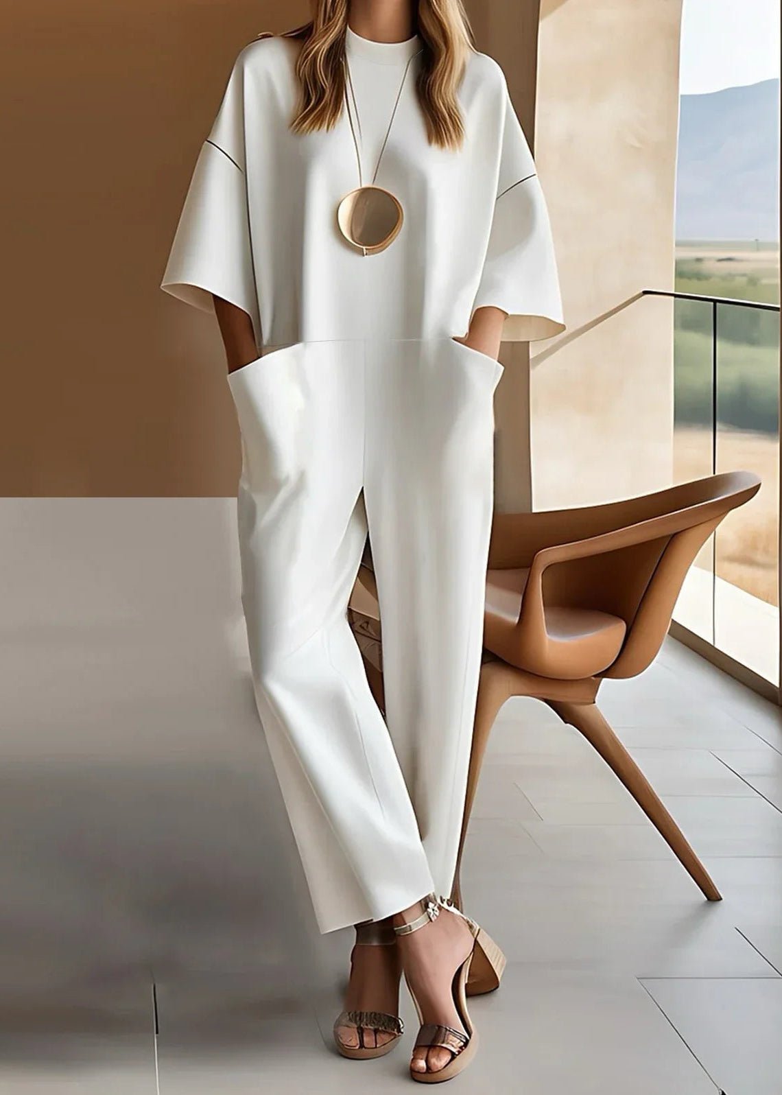 Women's Wide Leg Jumpsuit Short Sleeve Crew Neck