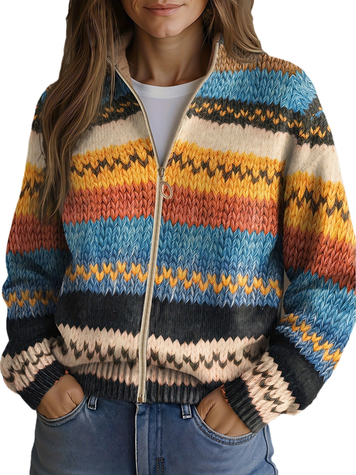 Adalyn | Women's Striped Zip-Up Knit Cardigan
