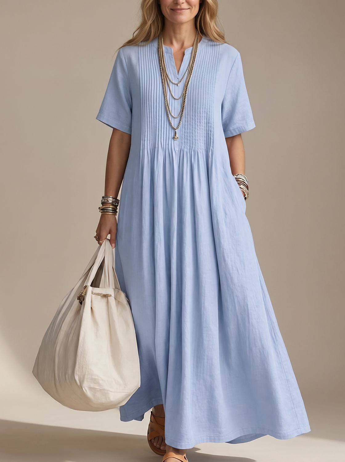 Amelia | Women's V-Neck Pintuck Pleated Flowy Maxi Dress