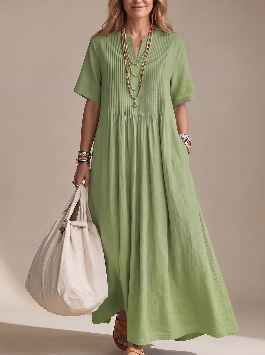 Amelia | Women's V-Neck Pintuck Pleated Flowy Maxi Dress