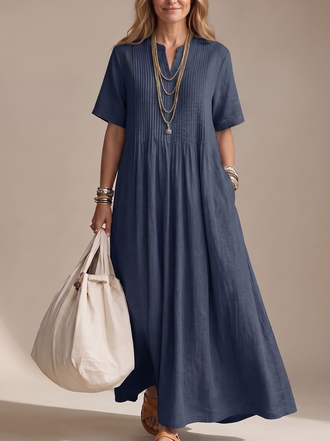 Amelia | Women's V-Neck Pintuck Pleated Flowy Maxi Dress